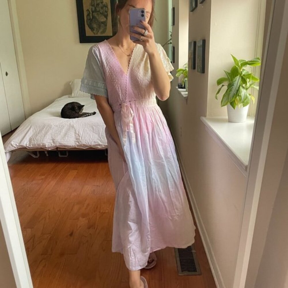 LoveShackFancy Eyelet Ombre Short Sleeve Surplice Maxi Dress Size XS